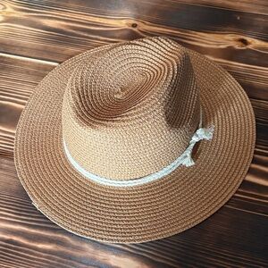 Stylish Tan Straw Hat with White Band